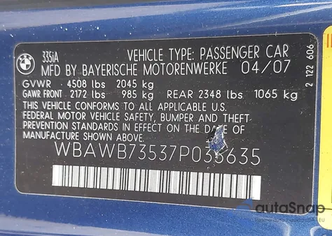 2007 BMW 335I z USA, uszkodzony, nr VIN WBAWB73537P035635